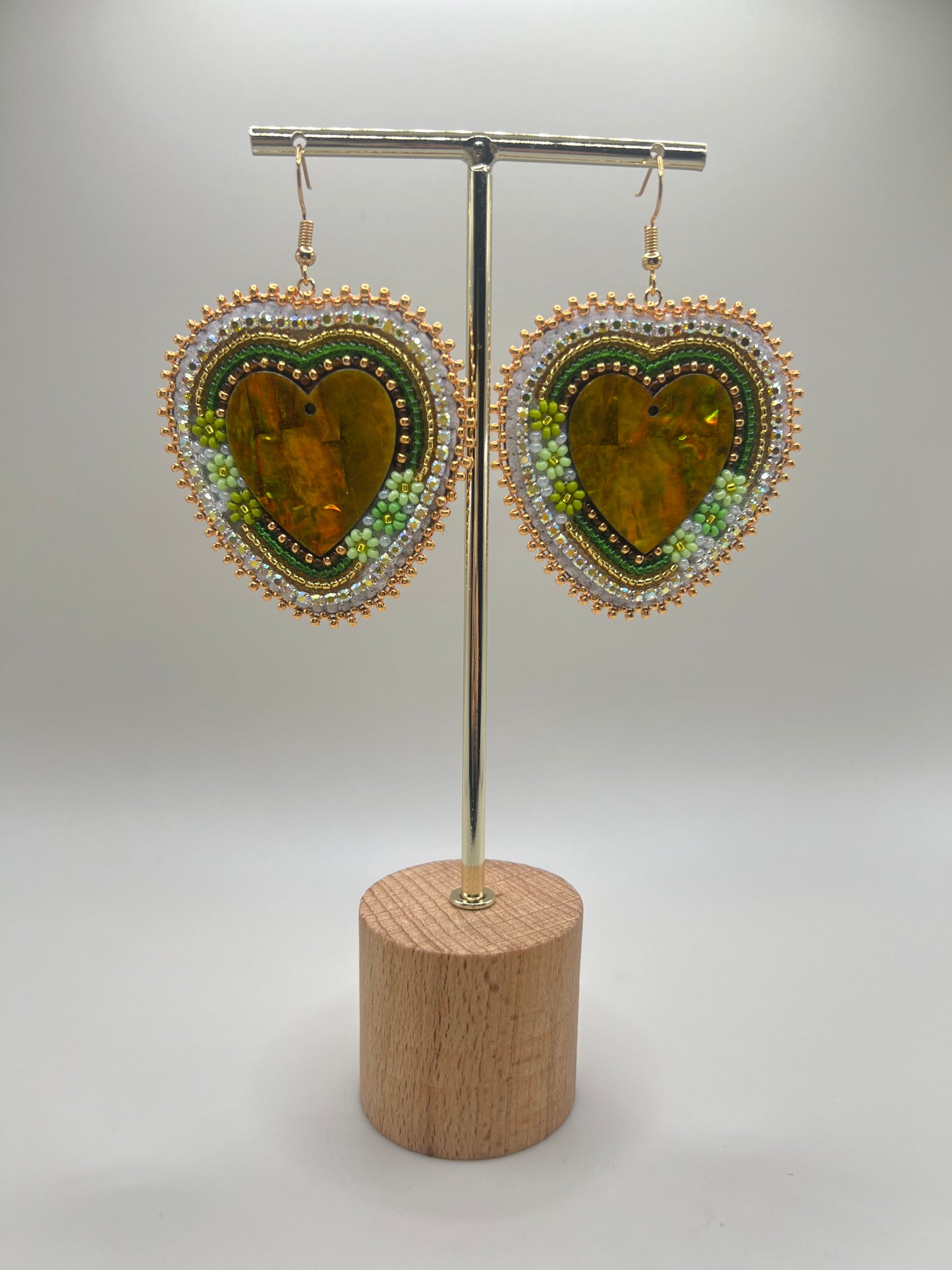 Green Floral Beaded Hearts