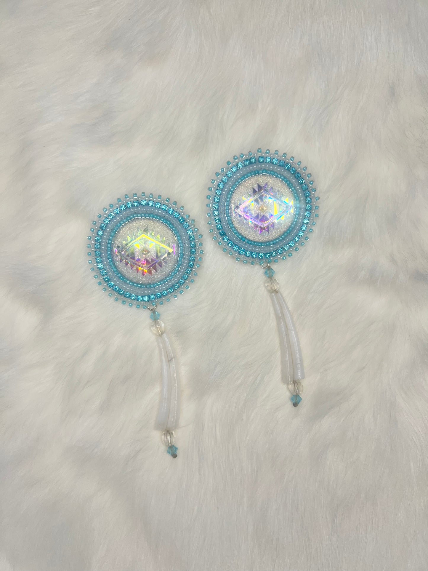 Blue and White Beaded Dentalium Earrings