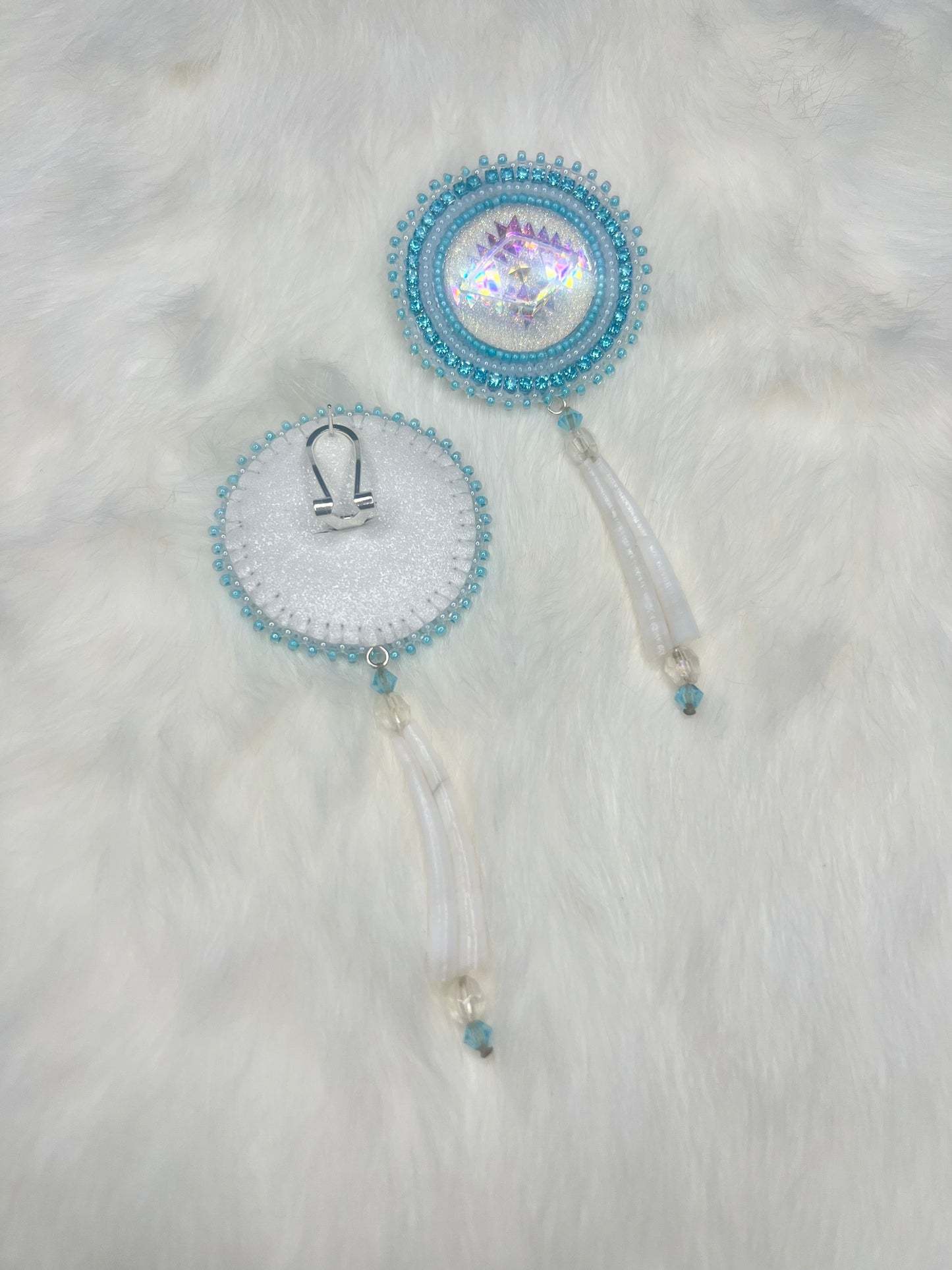 Blue and White Beaded Dentalium Earrings