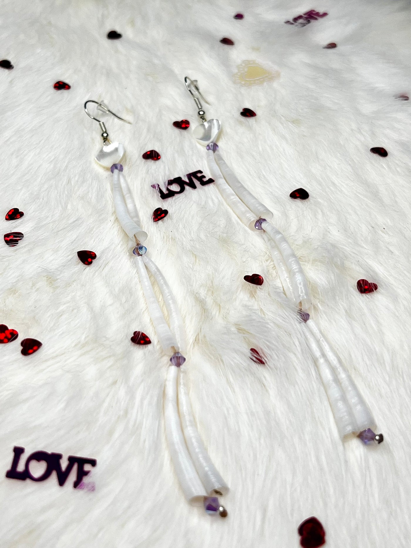 Long Dentalium Heart Earrings