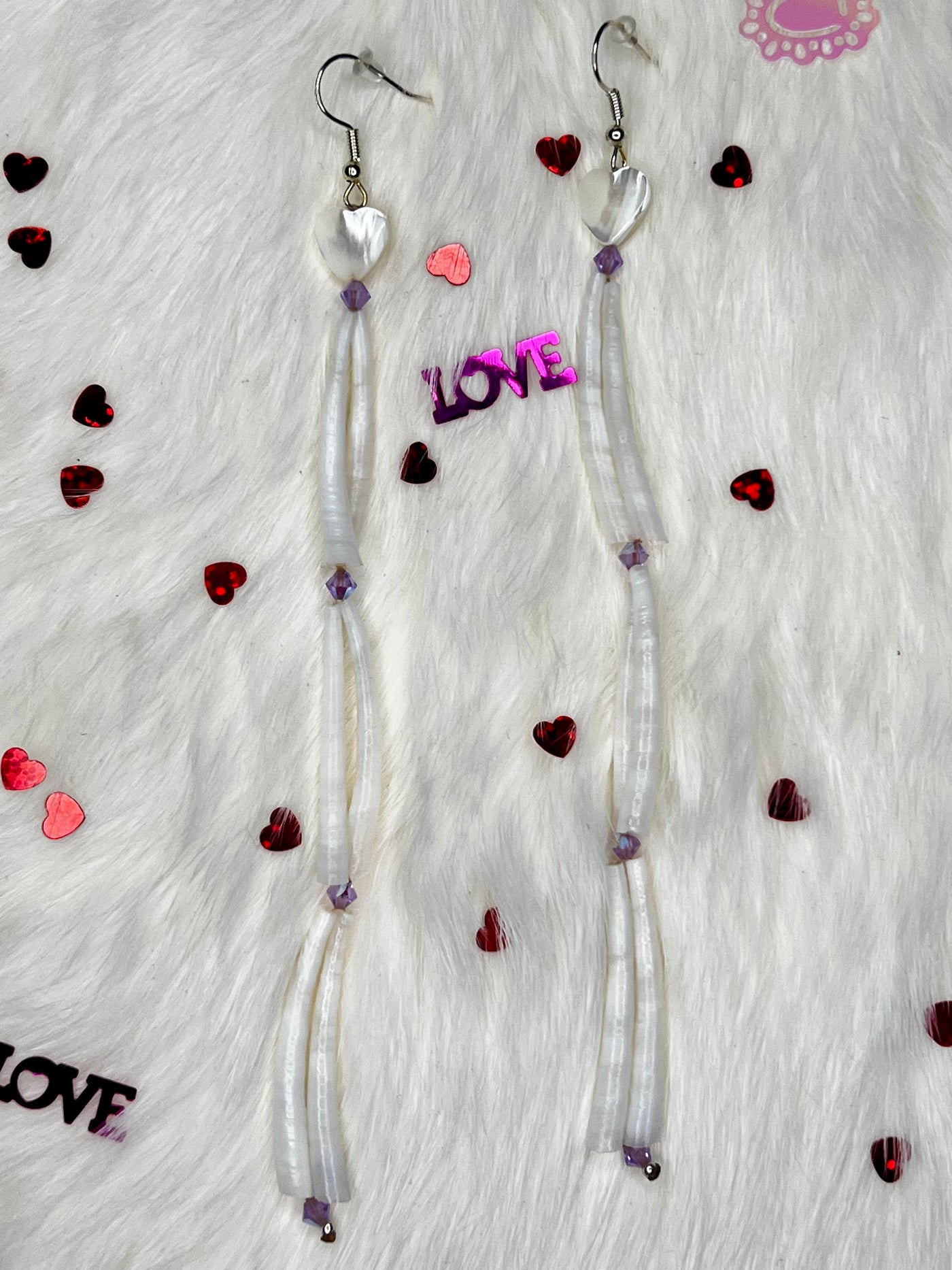 Long Dentalium Heart Earrings