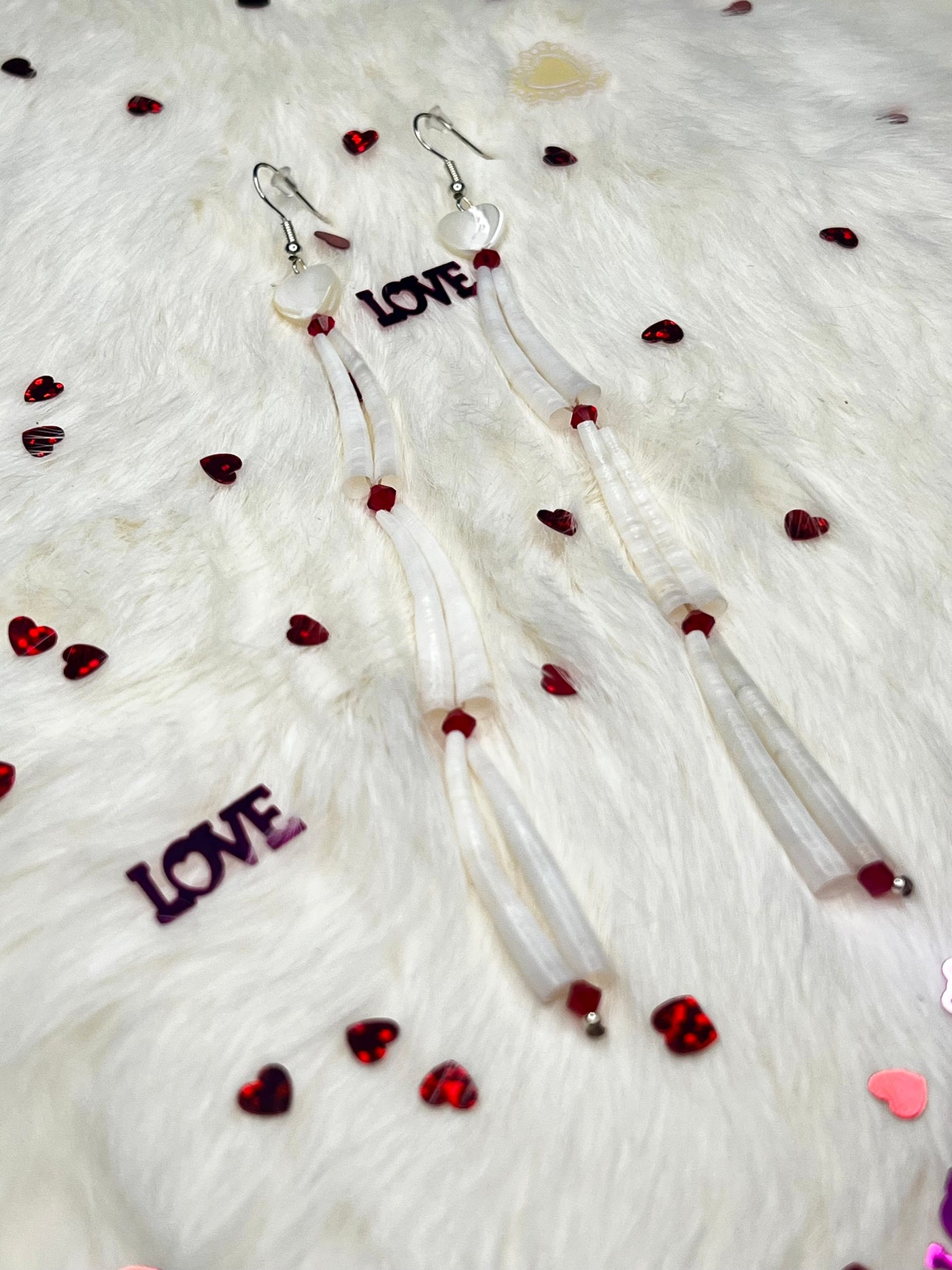 Long Dentalium Heart Earrings