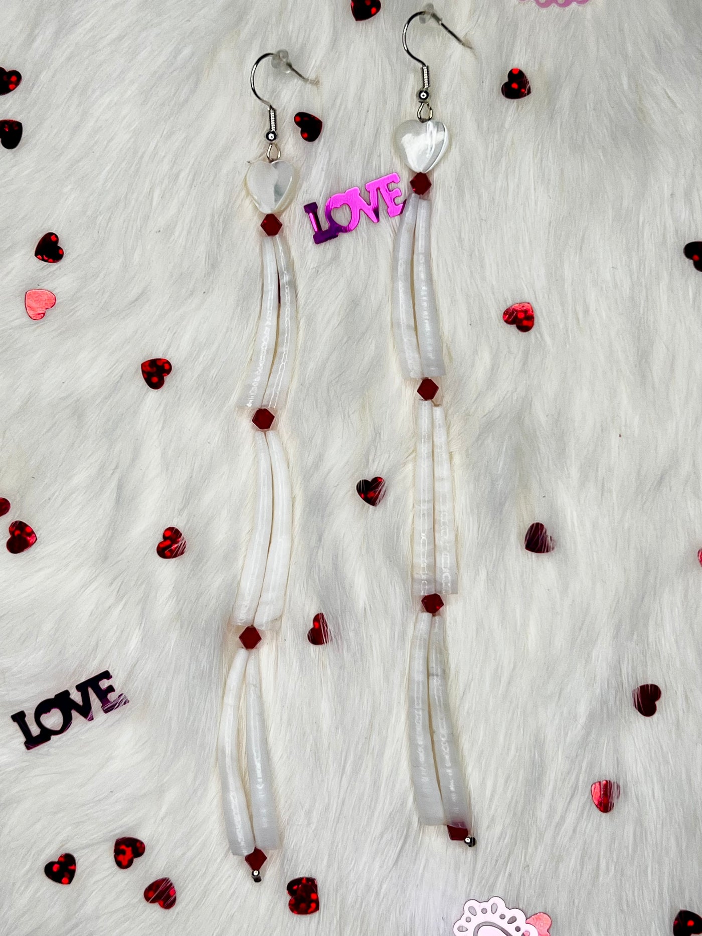 Long Dentalium Heart Earrings