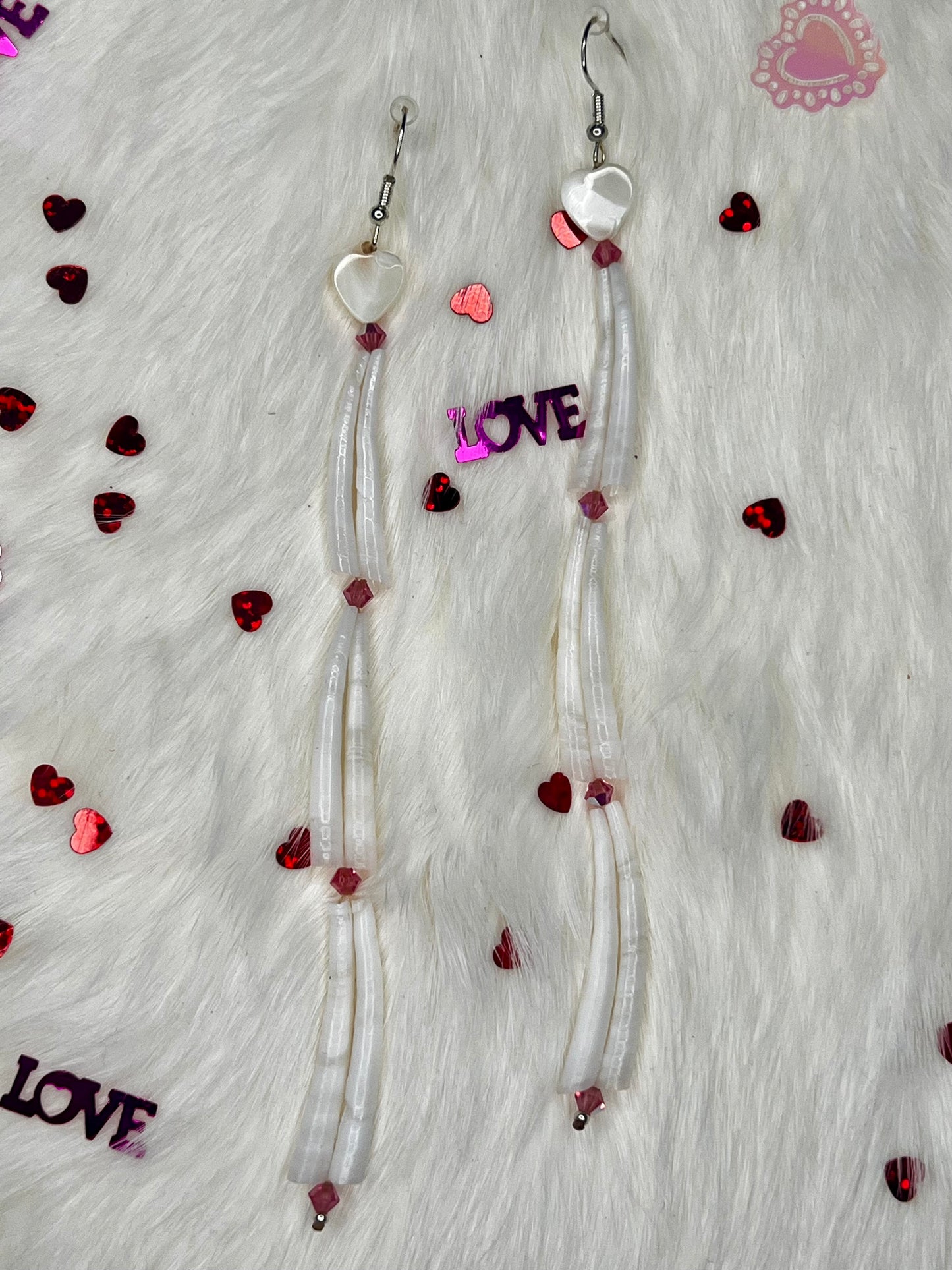 Long Dentalium Heart Earrings