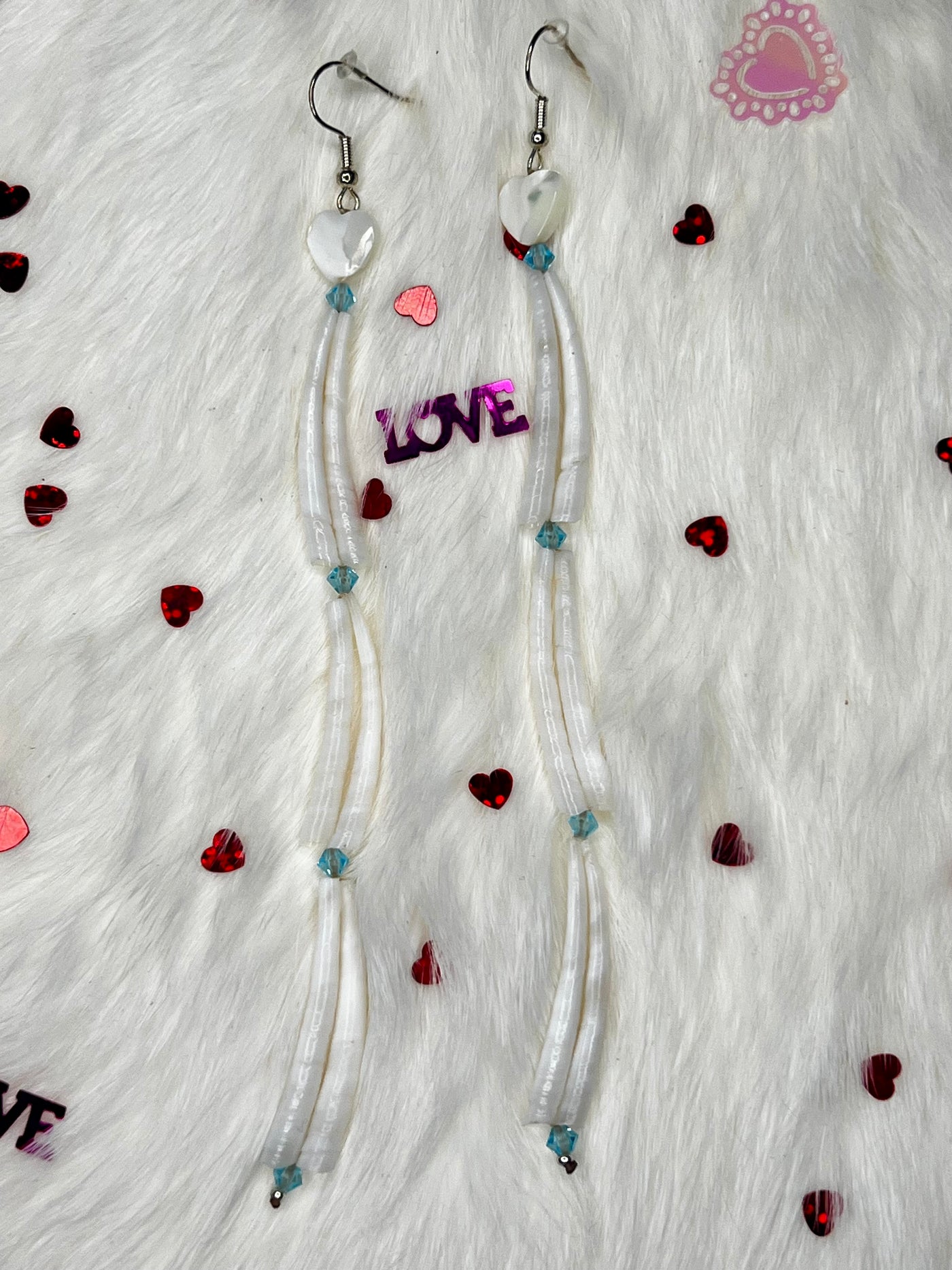 Long Dentalium Heart Earrings