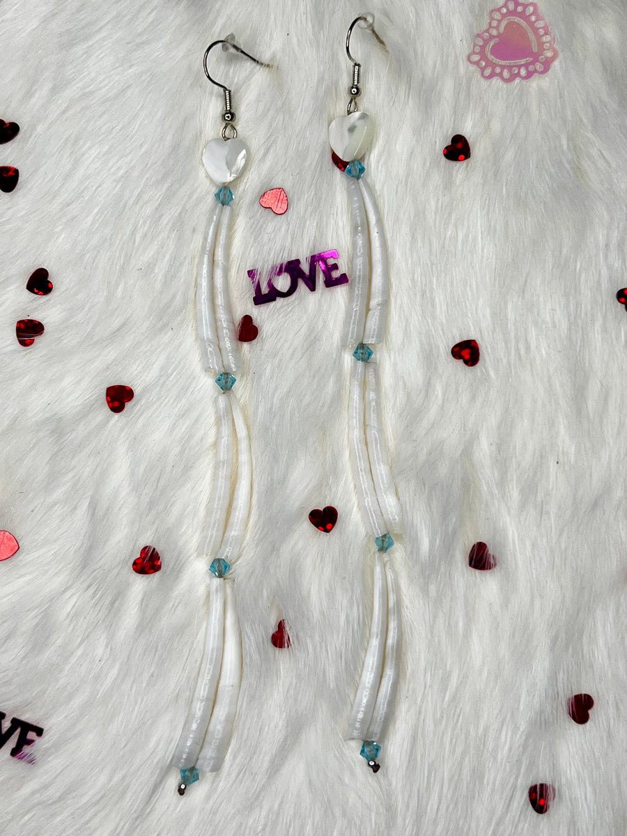 Long Dentalium Heart Earrings