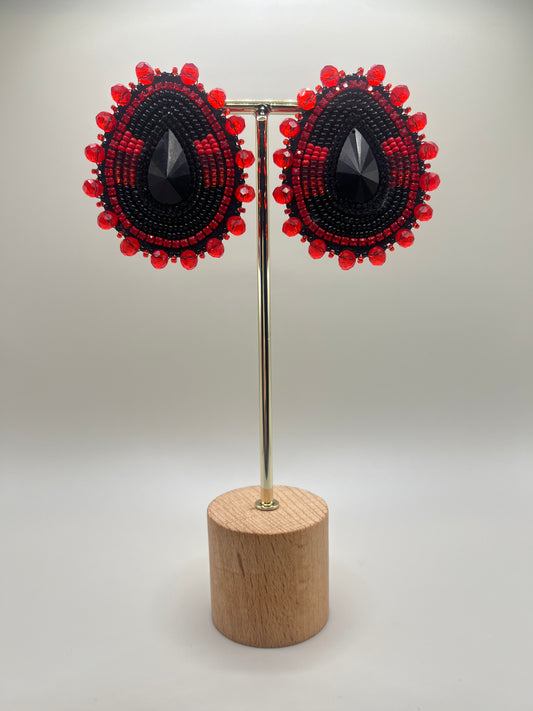 Red & Black Teardrop Beaded Earrings