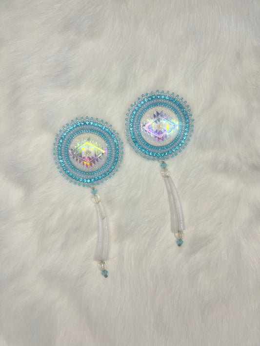 Blue and White Beaded Dentalium Earrings