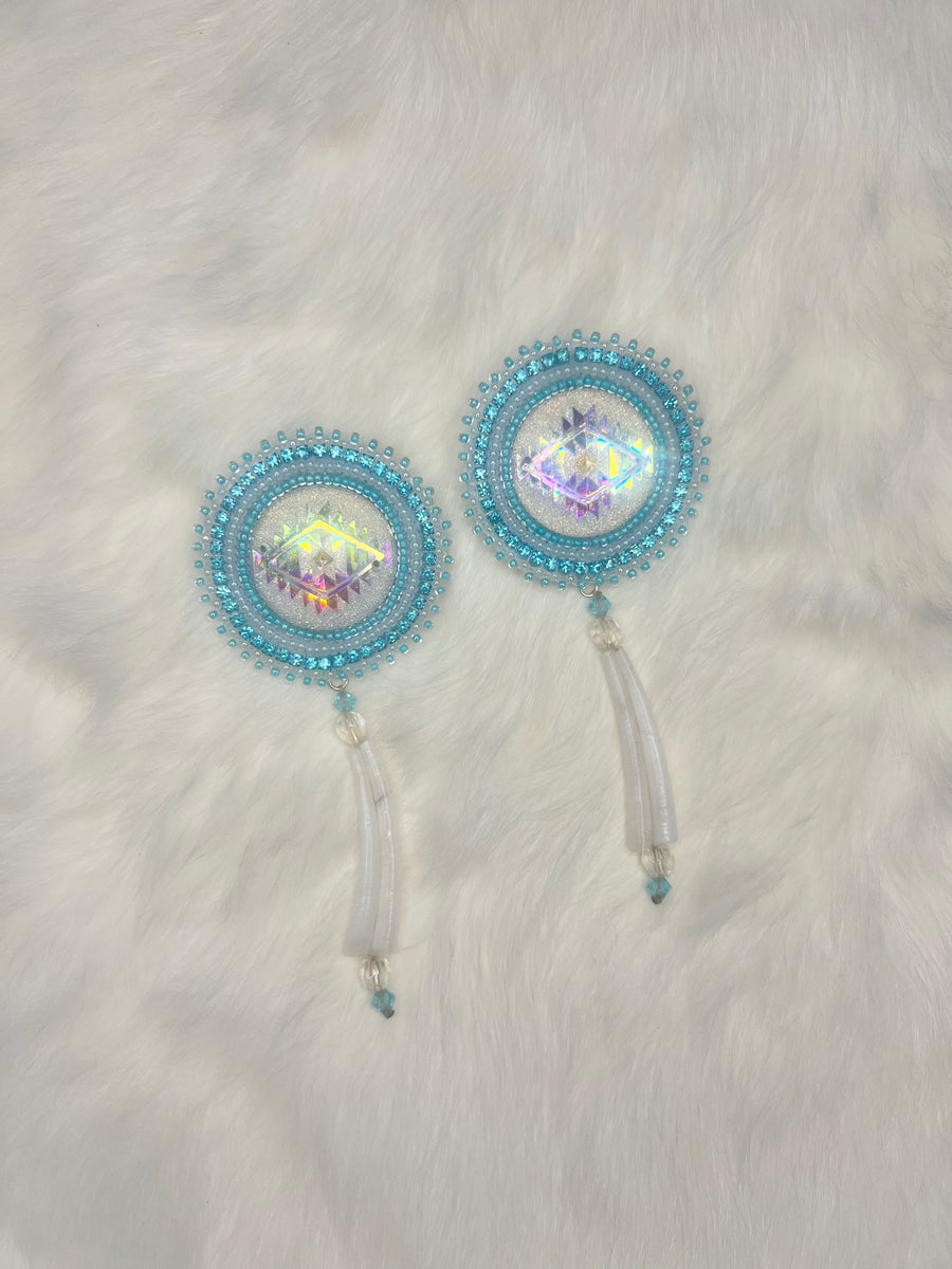 Blue and White Beaded Dentalium Earrings
