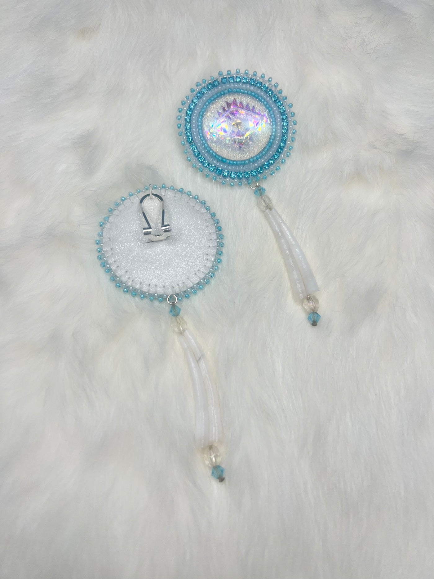 Blue and White Beaded Dentalium Earrings